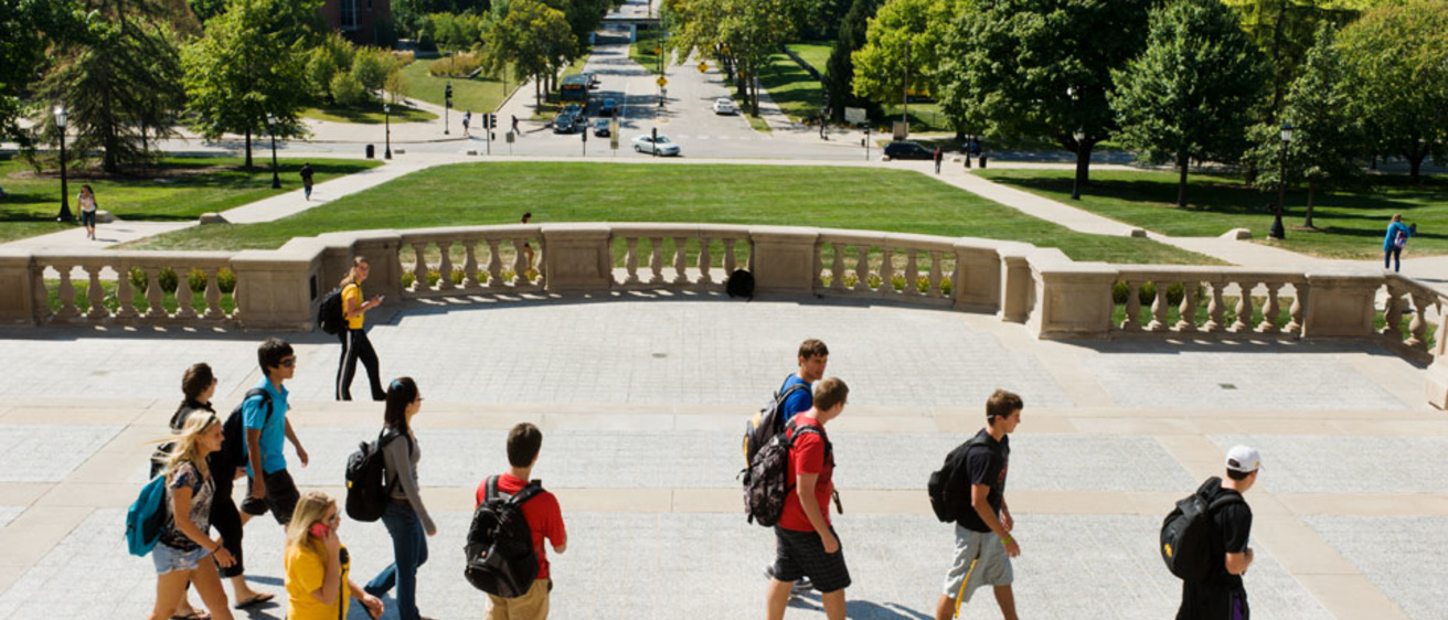 Student Walking on Old Capitol West Terrace